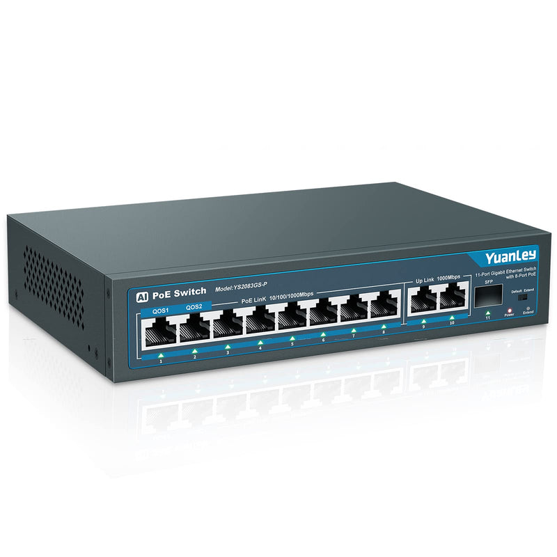 YuanLey 8 Port Gigabit PoE Switch with 2 Gigabit Uplink, 8 PoE+ Port 1000Mbps, 1 SFP Port, 120W 802.3af/at, Metal, Qos, Unmanaged Plug and Play AI Smart Detection Ethernet Switch 11 Port | 8*PoE+(1000Mbps) (120w)