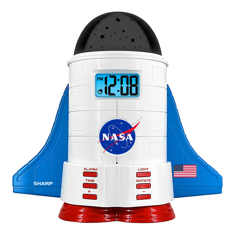 Sharp NASA Space Shuttle Night Light Alarm Clock – Wings and Booster Lights Up – Space Design Nightlight Fun with 4 Color Options and 2 Space Themes for Bedroom, Great Gift!
