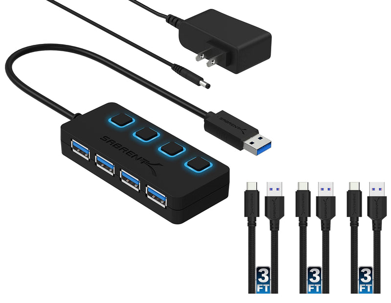 Sabrent 4-Port USB 3.0 Hub + [3-Pack] 22AWG Premium 3ft USB-C to USB A 3.0 Sync and Charge Cables