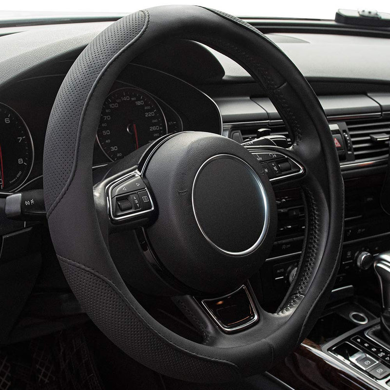 Xizopucy Car Steering Wheel Cover,14.5-15 Inch Black Universal Microfiber Leather Covers Breathable Anti-Slip Odorless Steering Wheels Accessories for Men Women Standard size[14 1/2''-15'']