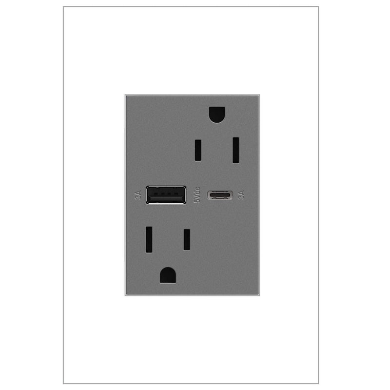 adorne Dual-USB, 15A, Ultra-Fast Charge, 6 Amp, Type A/C, USB, Hybrid Outlet, Magnesium, ARTRUSB156ACM4 Without Wall Plate
