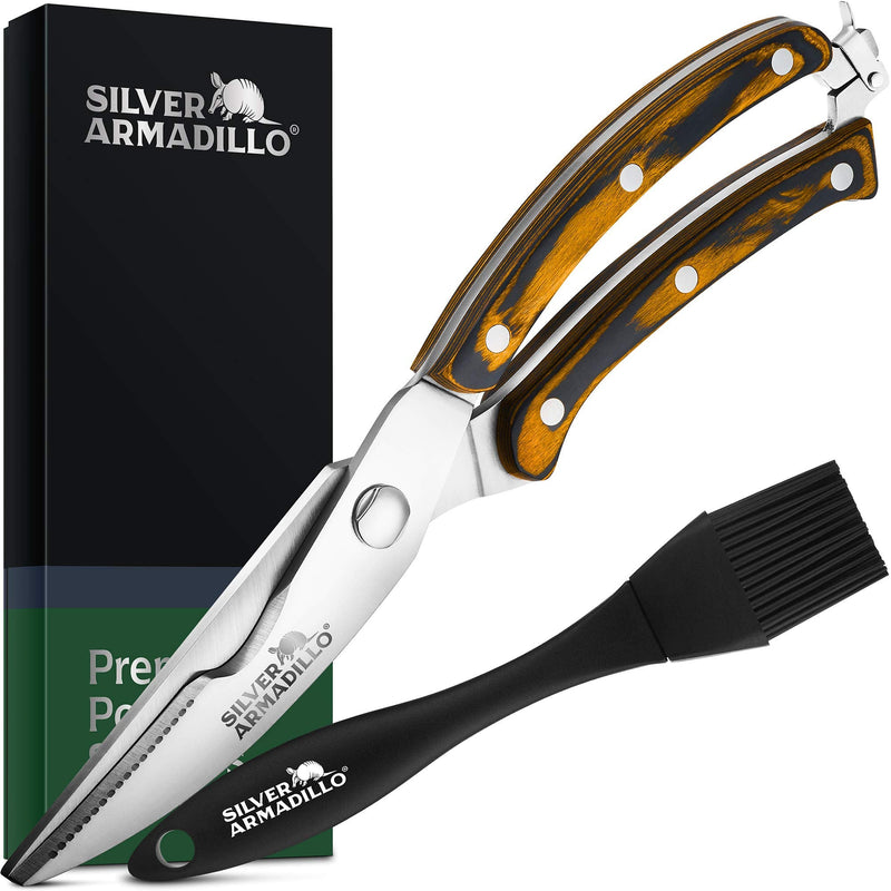 Heavy Duty Stainless Steel Poultry Shears For Bone, Chicken, Meat, Fish, Seafood, Vegetables. Premium Spring Loaded Food Scissors. One piece Kitchen Shears. (Brown Wooden Handles) Brown Wooden Handles