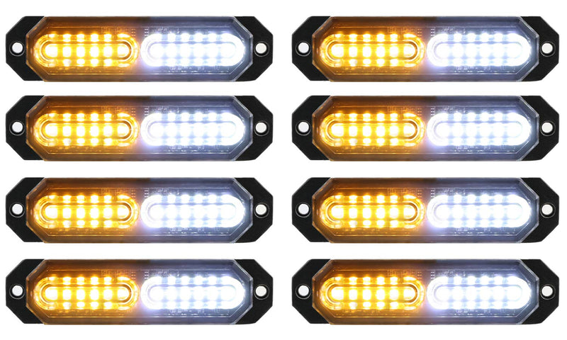 ASPL 8pcs Sync Feature Ultra Slim 12-LED Surface Mount Flashing Strobe Lights for Truck Car Vehicle LED Mini Grille Light Head Emergency Beacon Hazard Warning lights (Amber/White) Amber/White