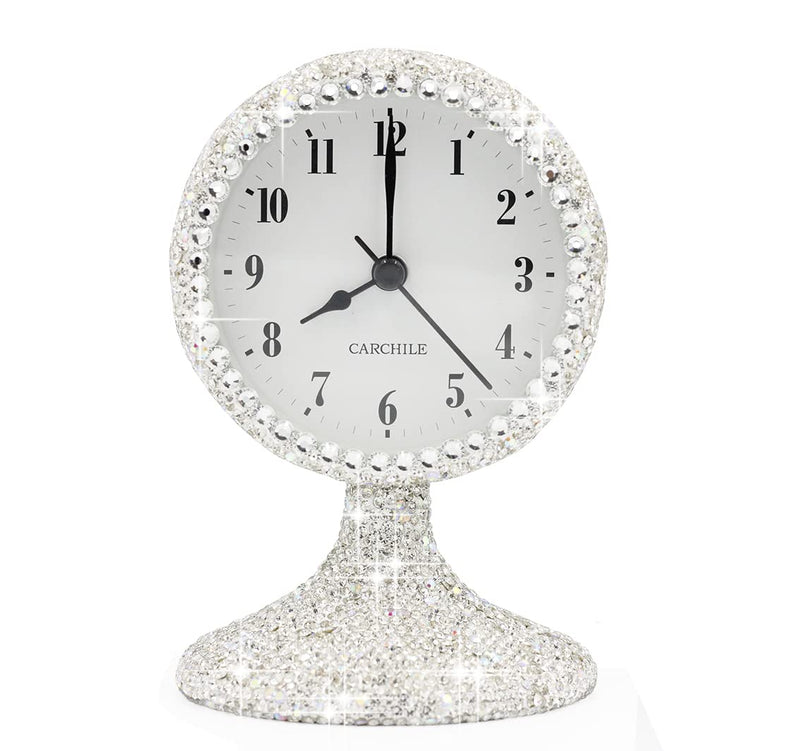 Luxury Rhinestone Small Alarm Desk Table Clock Morning Call Handmade Fashion Design for Bedroom Houseroom Living Room Cute As Gift AR (Silver) Silver