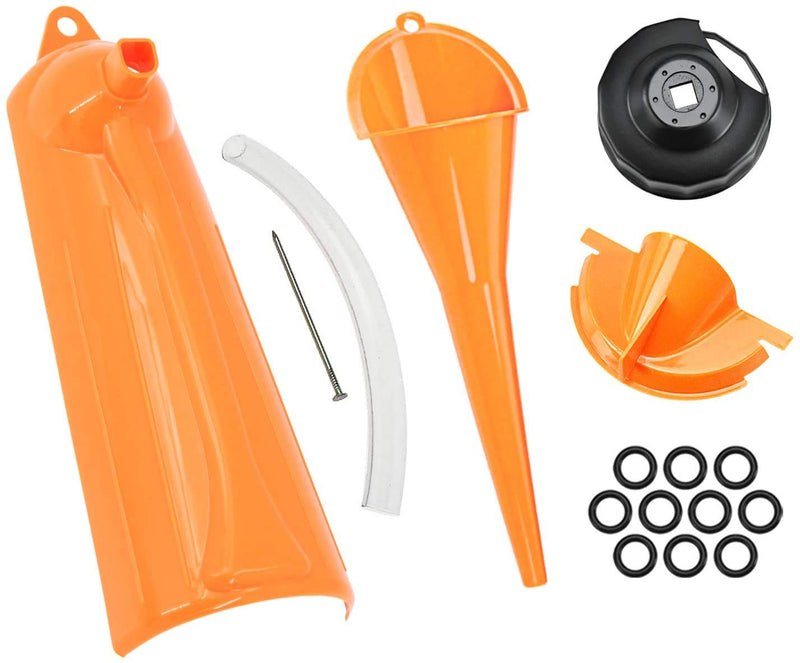 HDBUBALUS Crankcase Fill Funnel Primary Case Oil Fill Oil Filter Funnel Set with Oil Filter Wrench and Primary Drain Plugs Compatible with Harley Orange
