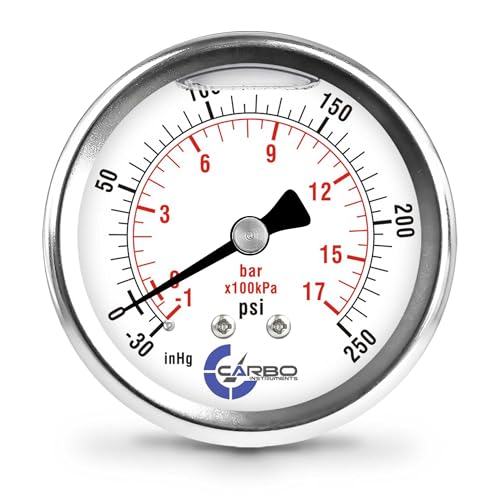 Compound Pressure Gauge -30 inHg to 250 PSI, Liquid Filled, 2.5" Dial, 1/4 NPT Back Mount, 304 Stainless Steel Case, Brass Wetted Parts, Dual Scale PSI/inHg - ASME B40.1 Grade A STANDARD