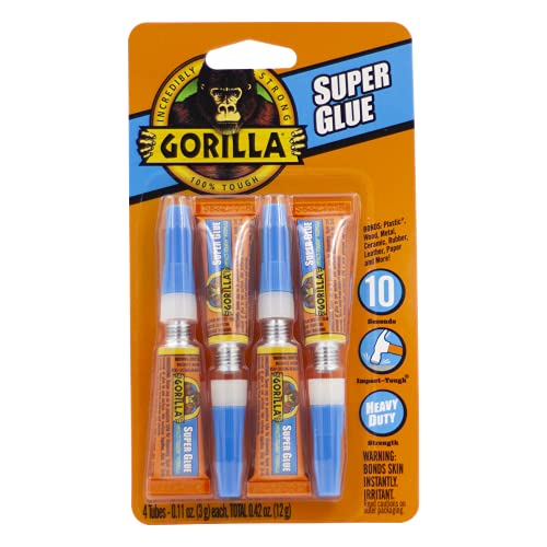 Gorilla Super Glue, Fast‑Setting, Impact‑Tough All‑Purpose Adhesive with Anti-Clog Cap, 4-3 g Tubes, (Pack of 1) - Clear Pack of 1 Liquid