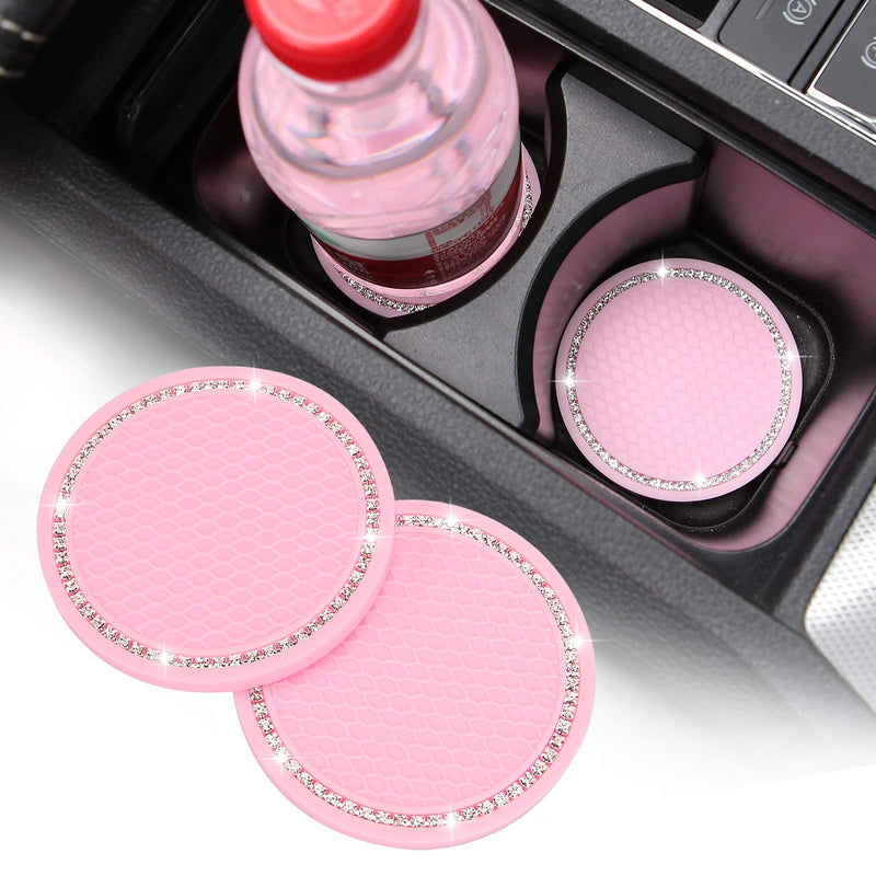 2 Pack Bling Cup Holder Insert Coasters, 2.75 Inch Soft Crystal Rhinestone Rubber Pad Set Round Auto Drink Coaster Car Interior Accessories (Pink) Pink