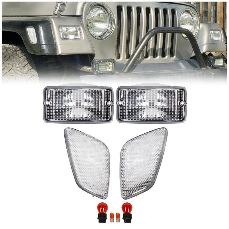 ECOTRIC Clear Bumper Signal + Fender Side Marker Lights Combo Compatible with 1997-2006 Jeep Wrangler TJ Turn Signal Parking Lights Replacement for 55055020AC 55055020AD