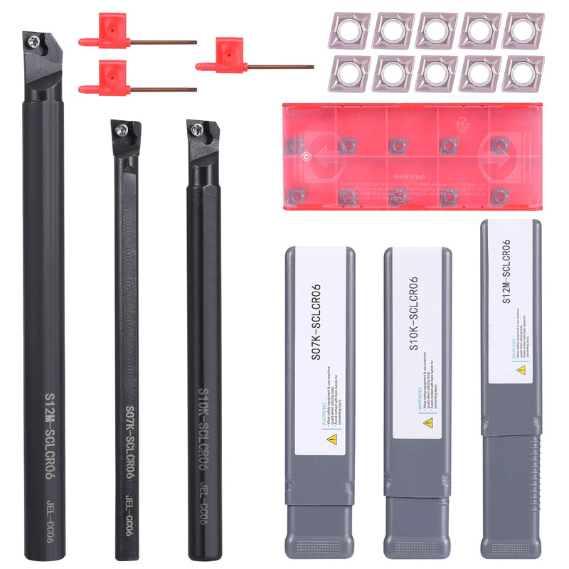 VerRich 13 Pcs Indexable Lathe Turning Tool Kit,3pcs Lathe Boring Bars S07K/S10K/S12M-SCLCR06 and 10Pcs Carbide Inserts CCM21.51/CCMT060204