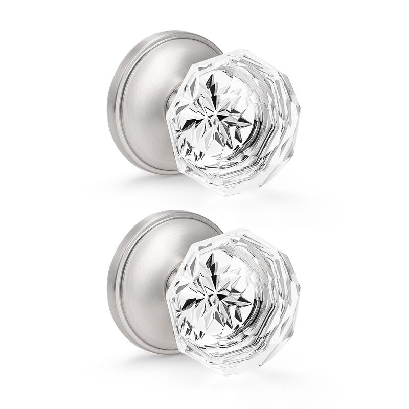 Orger Dummy Crystal Door Knobs with Diamond Shape in Satin Nickel Finish, Inactive Non-Turning Single Side Interior Dummy Handles for French Door/Cloakroom, 2 Pack Stain Nickel