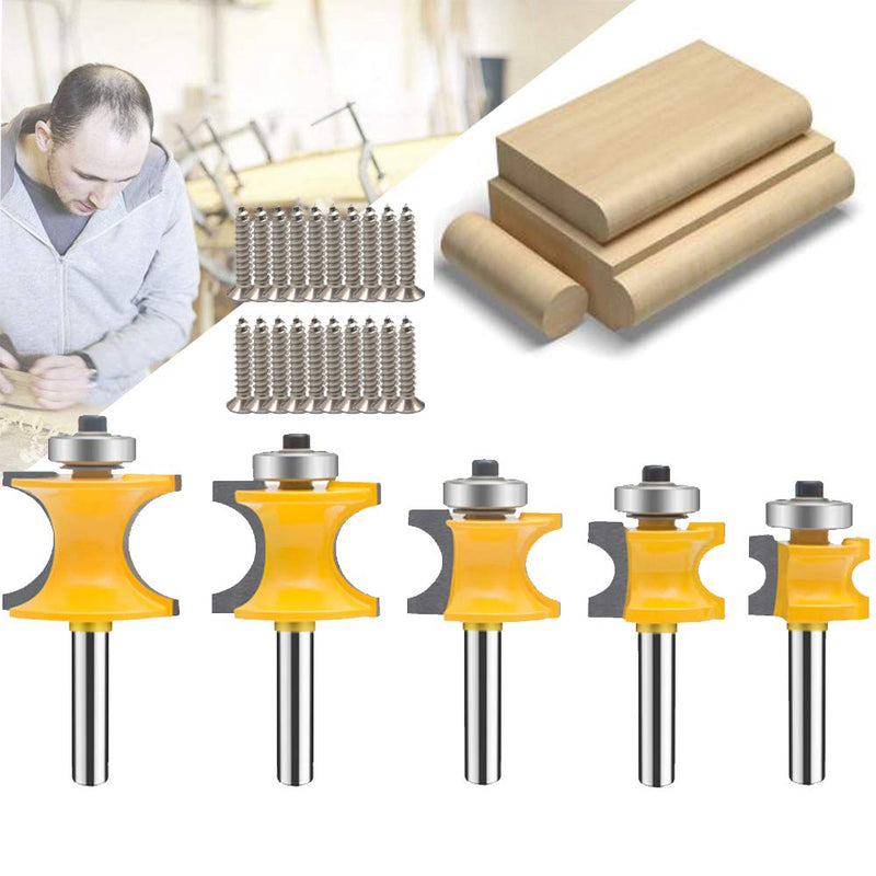 TAIWAIN 1/4-Inch Shank 5 Bit Bull Nose Router Bit,Half Round Bearing Milling Cutter Bits,1/8 inches 3/16 inches 1/4 inches 5/16 inches 3/8 inches Carbide Tipped Round Edge Cutting Ball Blade,15*8*6cm D1-G
