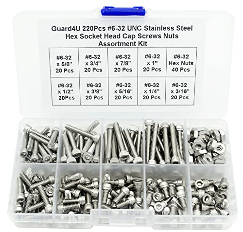 220Pcs #6-32 UNC Stainless Steel Hex Socket Head Cap Screws Nuts Assortment Kit- #6-32x 3/16" 1/4" 5/16" 3/8" 1/2" 5/8" 3/4" 7/8" 1"