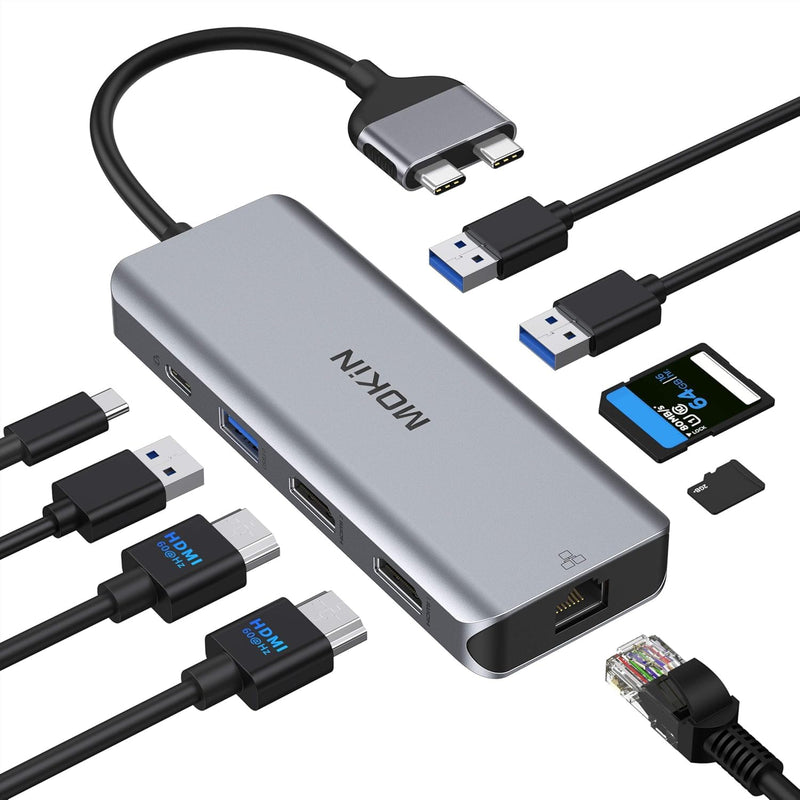 MOKiN MacBook Pro Docking Station Dual Monitor MacBook Pro/Air HDMI Adapter | 9 in 1 USB C Adapters for MacBook Pro Air Mac HDMI Dock Dongle Dual USBC to Dual HDMI,Ethernet,3USB,SD/microSD,100W PD grey