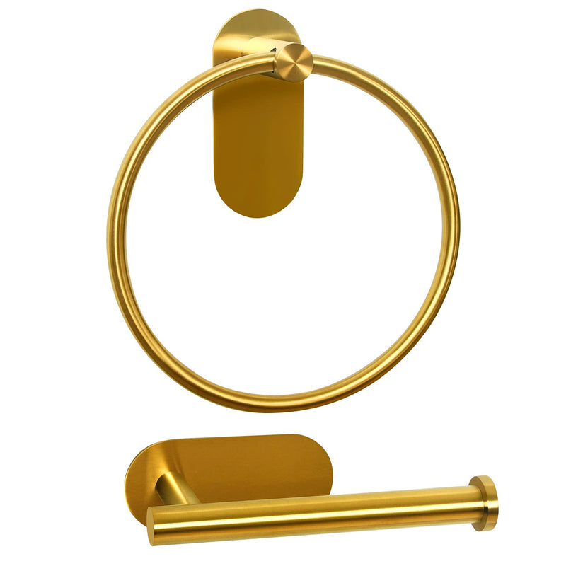HouseAid Self Adhesive Towel Ring and Toilet Paper Holder Set, Stainless Steel No Drilling Hand Towel Holder Kit for Bathroom, Brushed Gold (2 Pieces)