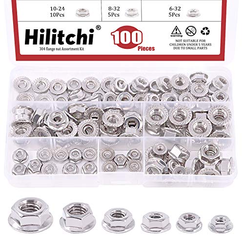 Hilitchi 100Pcs 304 Stainless Steel Serrated Flange SAE Hex Lock Nuts 1/4-20 5/16-18 3/8-16 10-24 8-32 6-32 Bright Finish Hex Flange Nuts Assortment Kit 100Pcs SAE Hex Flange Nuts