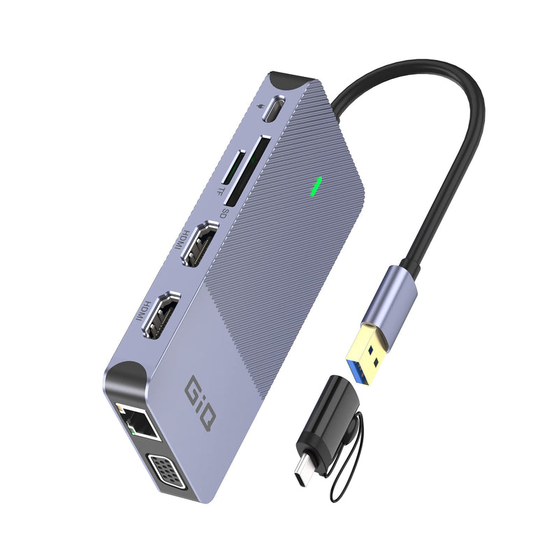 USB Docking Station GIQ USB C hub USB 3.0 to Dual HDMI VGA Adapter Triple Display USB C Laptop Docking Station Dual Display Compatible with MacBook M1 USB Dock Gray