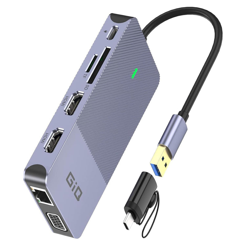USB Docking Station GIQ USB C HUB USB 3.0 to Dual HDMI VGA Adapter Triple Display USB C Laptop Docking Station Dual Monitor HDMI Splitter Extender Compatible with MacBook M1 M2 M3 M4 M5 USB Dock Gray