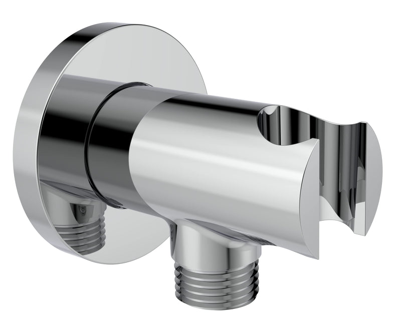 Wall Supply Elbow with O-Ring Flange, Tapered 1/2 NPT Female Inlet, Solid Brass Wall Union W/Handshower Holder, Round Wall Supply Elbow W/Hand Shower bracket, Polished Chrome, G1/2 Outlet
