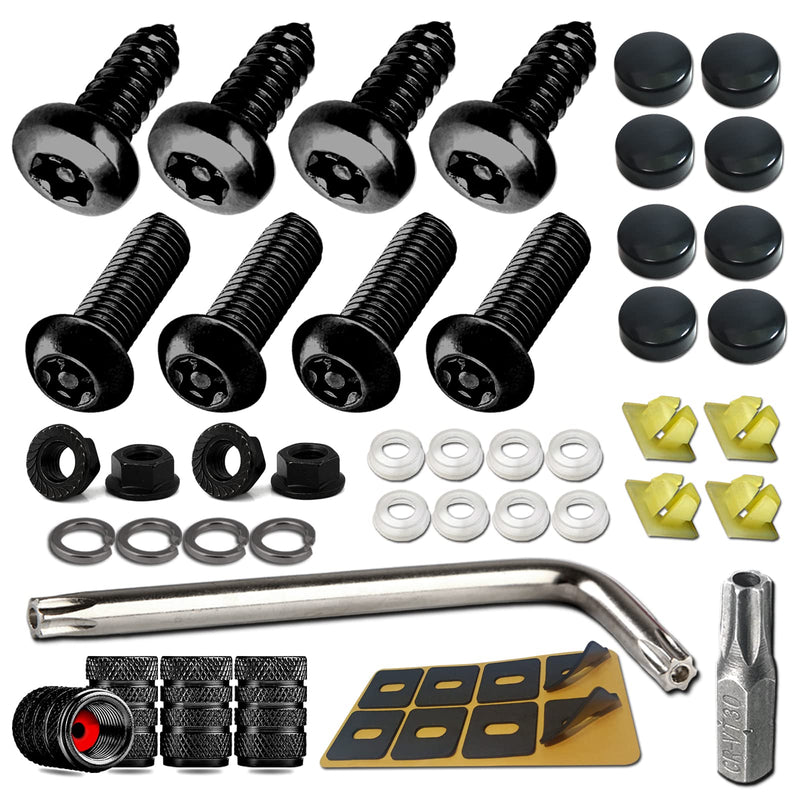 Aootf Black Anti Theft License Plate Screws- Stainless Steel Rustproof Security Bolts Fasteners for Front Rear Car Tag Mount- M6 (1/4") Locking Hardware, with Matte Caps Inserts Nuts, Rattle Proof Pad Black Screws-8