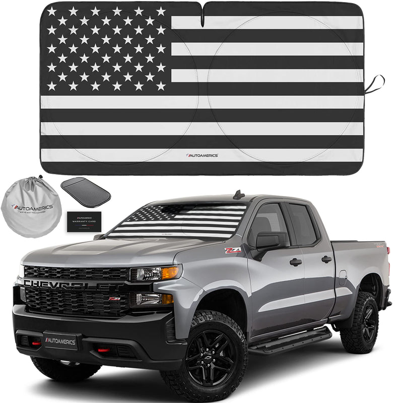 Autoamerics 1-Piece Windshield Sun Shade B&W American Flag USA Patriotic Design - Foldable Car Fits Easily to SUV & Truck Vehicles UV Ray Blocker Keeps Your Vehicle Cool Large USA B&W FLAG LARGE = 64 x 33.5 inches