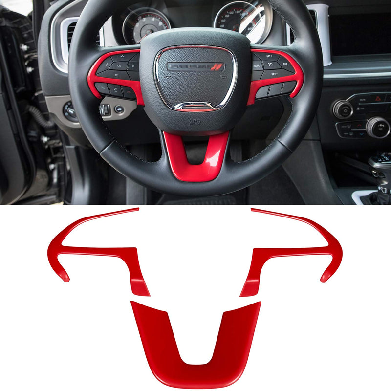 Steering Wheel Cover Trim Interior Accessories Decoration Kit for 2015-2024 Dodge Challenger Charger, for 2014-2024 Dodge Durango & Jeep Grand Cherokee SRT8 (Red 3PCS) Red