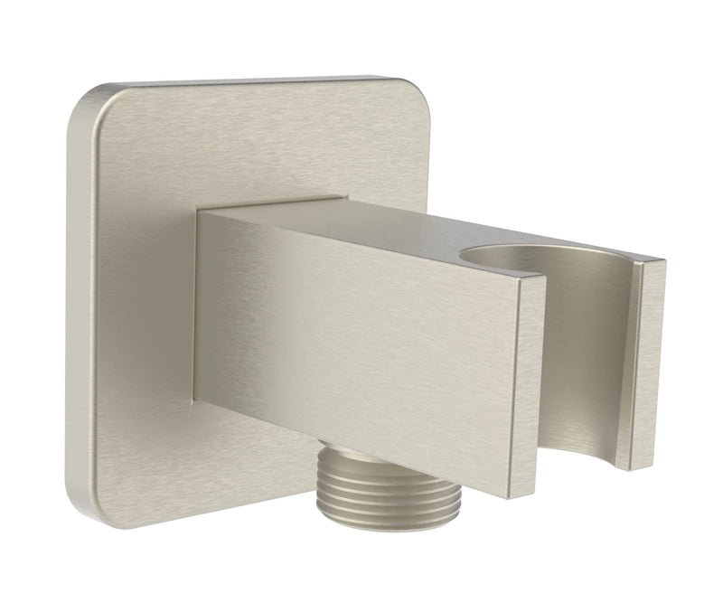 Wall Supply Elbow with Flange, Tapered 1/2 NPT Female Inlet, Solid Brass Wall Union with Handshower Holder, Square Wall Supply Elbow with Hand Shower bracket, PVD Brushed Nickel, G1/2 Outlet