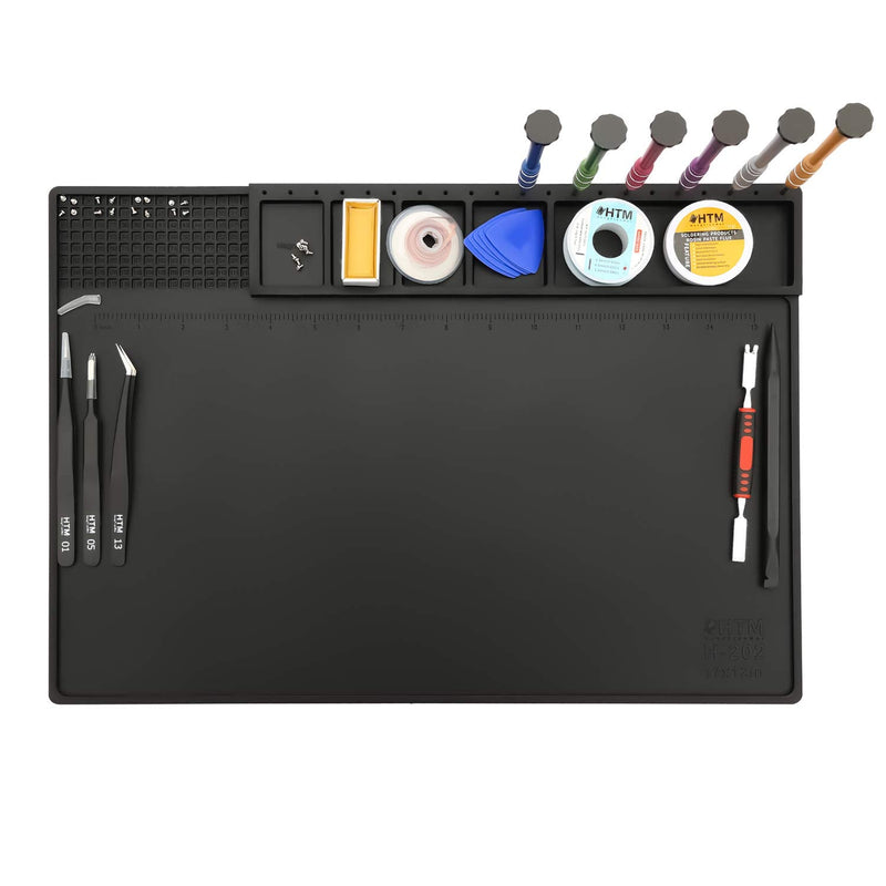 HengTianMei-202 Black Magnetic Repair Work Mat Heat Resistant 932°F, Silicone Soldering Mat Expand Work Area for Soldering, Electronics, BGA, Soldering Station, Computer Repair Etc 17" * 12" HTM-202