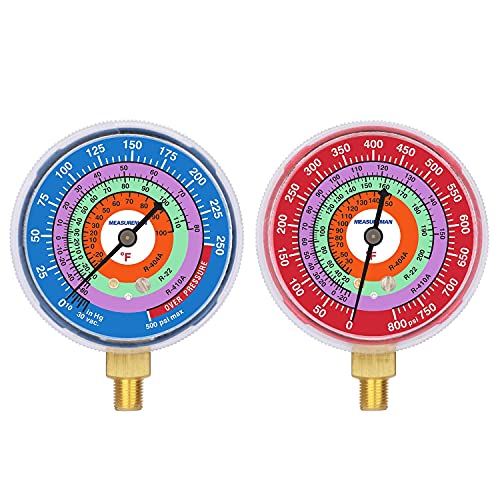 Measureman Refrigeration Pressure Gauge, 2-3/4" Dial, Blue Dial & Red Dial, 1/8" NPT Lower Mount, 30inHg-0-250psi & 0-800psi kit 2-3/4" Dial (Red & Blue Kit)