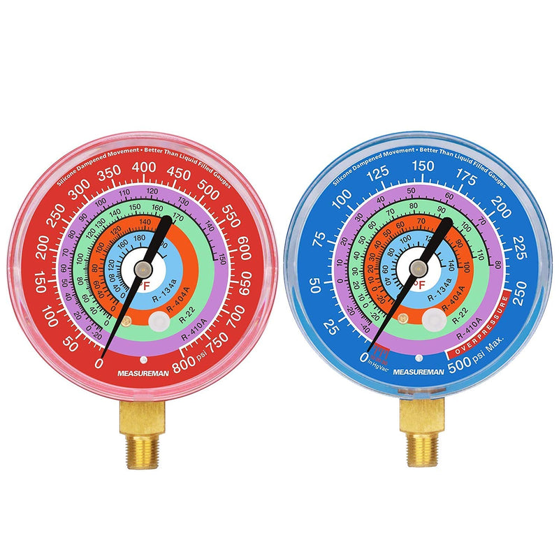 Measureman Refrigeration Pressure Gauge Kit, 3-1/8" Dial, Blue Dial & Red Dial, 1/8" NPT Lower Mount, 30inHg-0-250psi, 250-500psi & 0-800psi 3-1/8" Dial (Red & Blue Kit)