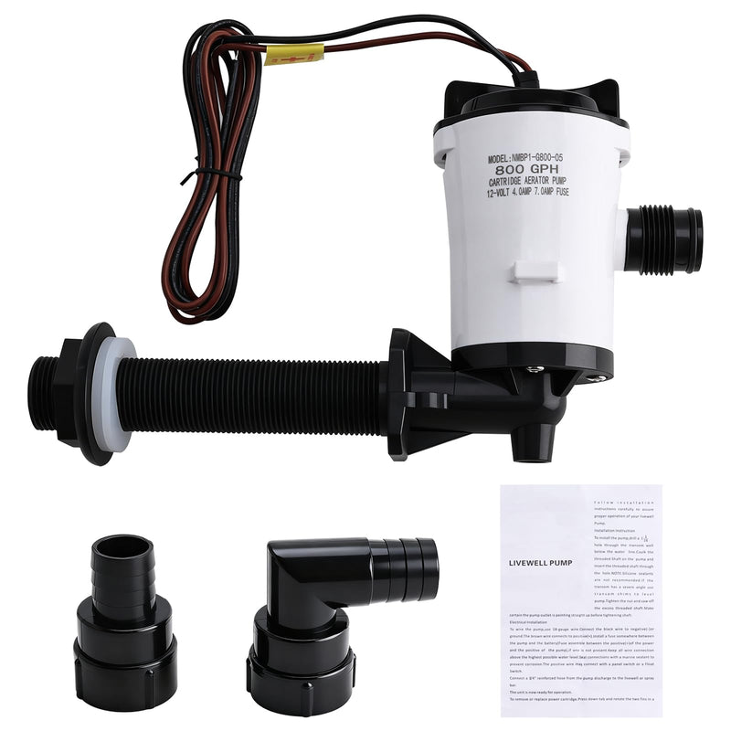YaeMarine 12V 800gph Livewell Baitwell Pumps Live Bait Tank Aerator Live well Pump Submersible Cartridge Boat Bilge Pump