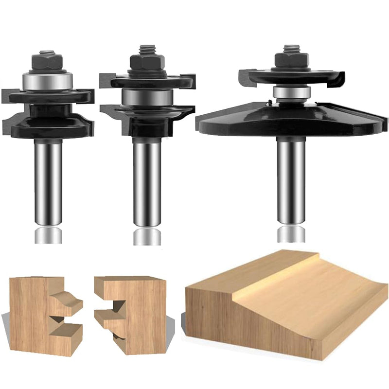 LEATBUY 1/2 Inch Shank Router Bit Set 3 PCS Round Over Raised Panel Cabinet Door Rail and Stile Router Bits, Woodworking Wood Cutter, Wood Carbide Groove Tongue Milling Tool(1/2-Double) TG-6