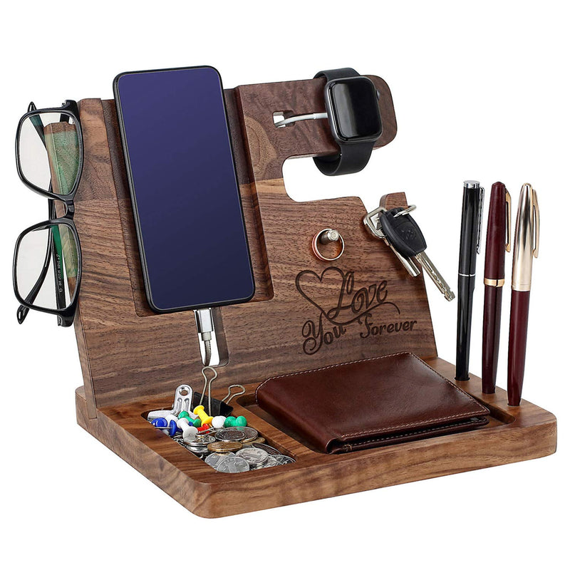 Wood Phone Docking Station for Men Personalized - for Him Husband Boyfriend Birthday - Wooden Organizer Nightstand Organizer For husband/boyfriend