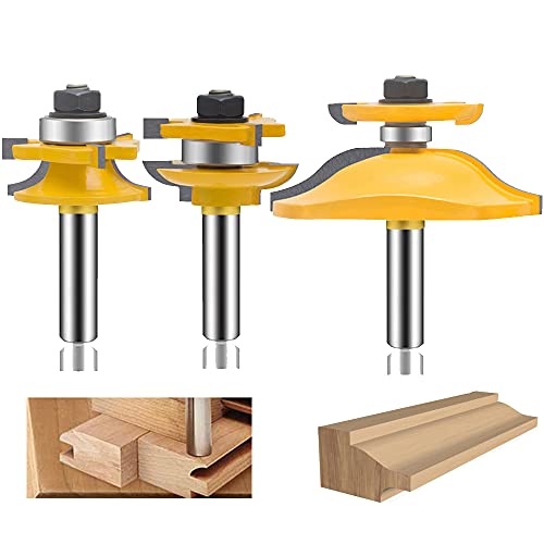 LEATBUY Router Bits 1/2 Inch Shank Raised Panel Router Bit Set 3 PCS Round Over Cabinet Door Rail and Stile Woodworking Wood Cutter Woodwork Carbide Groove Tongue Milling Tool(1/2-Double R)