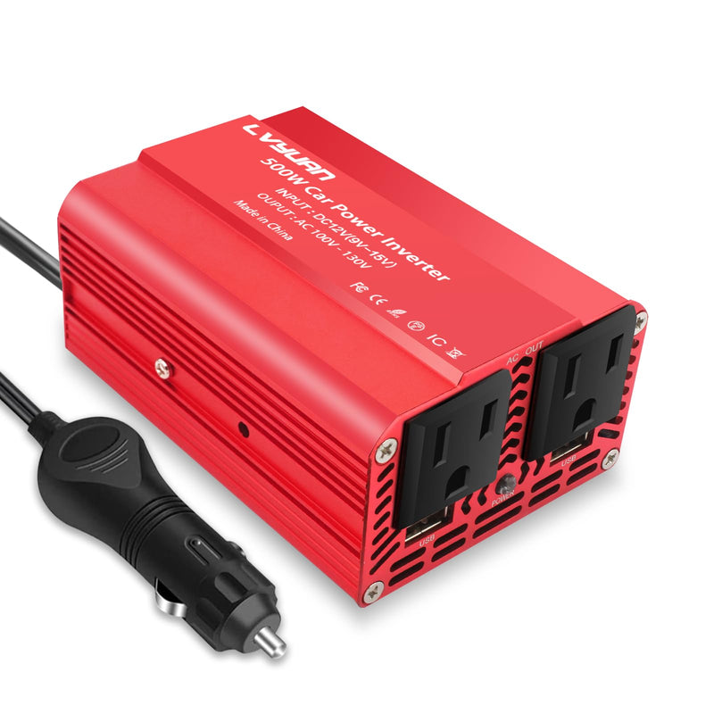 LVYUAN 500W Power Inverter for Vehicles DC 12V to 110V AC Car Plug Adapter Outlet Converter with 2 USB Fast Charging Ports and 2 AC Outlets Car Charger Adapter Red