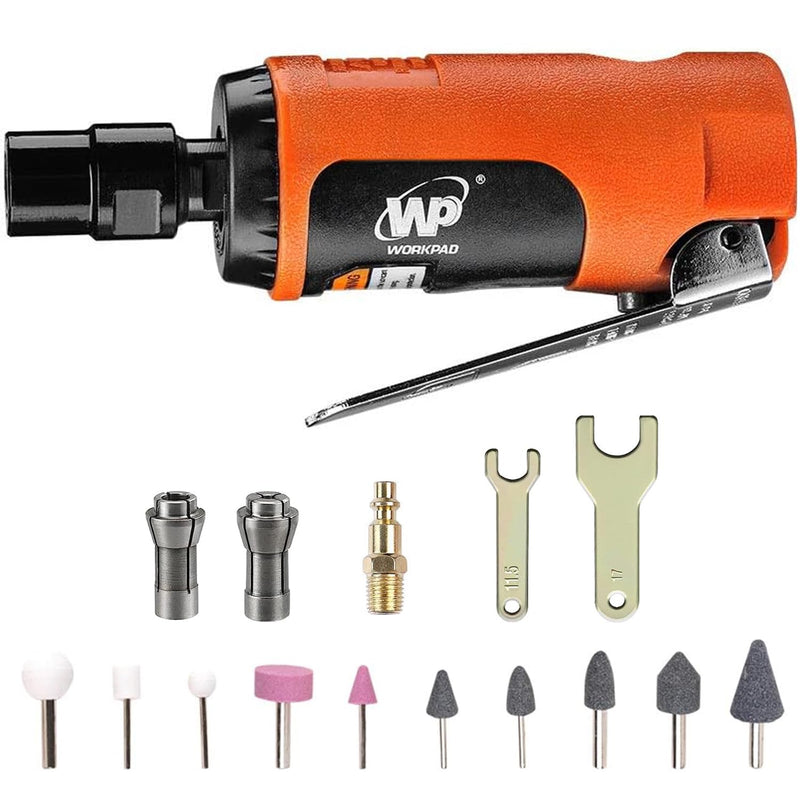 WORKPAD Mini Air Straight Die Grinder with 10-Pieces Air Die Grinder Stone Set，25000 RPM, Mini Pneumatic Tools, Equipped with 1/4-inch, 1/8-inch collets and 2 wrenches
