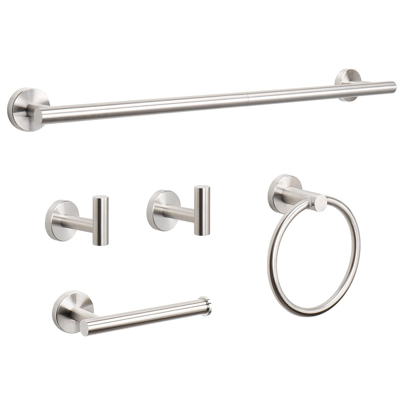 NearMoon 5 Pieces Bathroom Hardware Set SUS304 Thicken Stainless Steel-Towel Rack Kit Include 24" Towel Rod +Bath Towel Ring +Toilet Paper Holder +2 Robe Towel Hooks Bath Accessories (Nickel) Brushed Nickel Towel Bar Set (5 Piece)