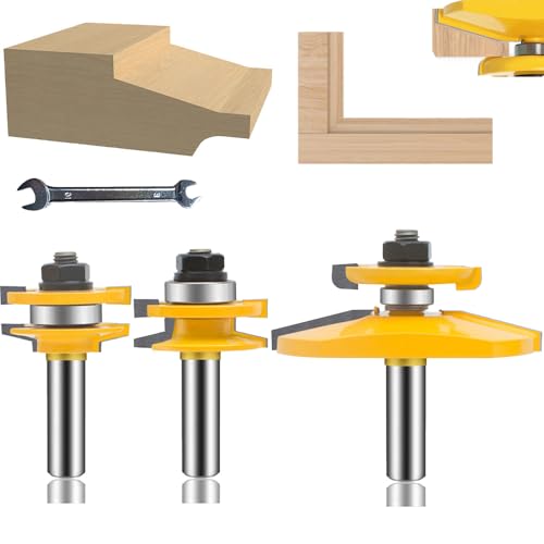 OLETBE Router Bit Set 3 PCS 1/2-Inch Shank Round Over Raised Panel Cabinet Door Ogee Rail and Stile Router Bits Sets Woodworking Wood Cutter Wood Carbide Groove Tongue Milling Tool(LINE) 4