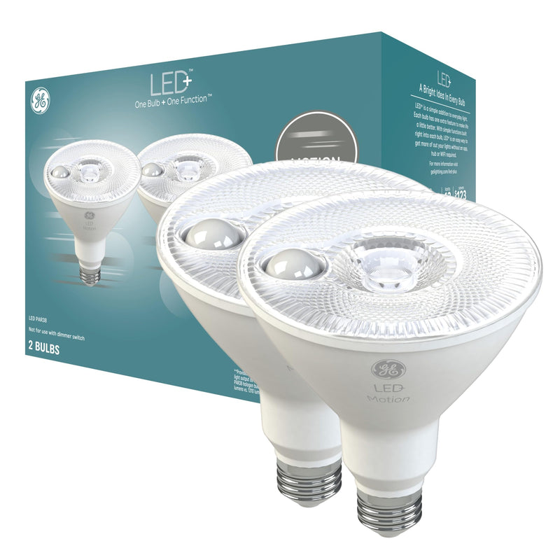 GE LED+ Motion Sensor LED Light Bulbs, 15W, PAR38 Outdoor Security Floodlight, Warm White (2 Pack) Pack of 2 (15W)