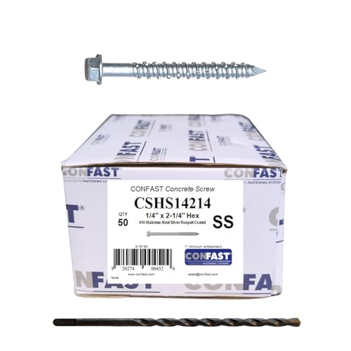CONFAST 1/4" x 2-1/4" Concrete Screws 410 Stainless Steel Hex with Concrete Drill Bit for Anchoring to Masonry, Block or Brick (50 per Box) 1/4" x 2-1/4"