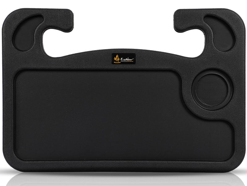 EcoNour 2 in 1 Car Steering Wheel Desk | Tray for Laptop Car Mount with Pen Holder| Bench Seat Consoles | Food Tray for Eating with Drinks Holder | Multipurpose Travel Car Accessories Black
