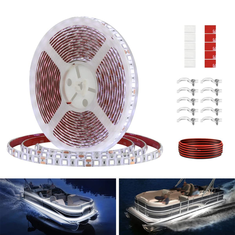 Pontoon LED Strip Lights, 12V 5M/16.4FT Waterproof Marine LED Light Boat Interior Lights, Boat Deck Light for Night Fishing, Ideal for Pontoon and Fishing Boat, Extension Cable Included (White) White (16.4FT)