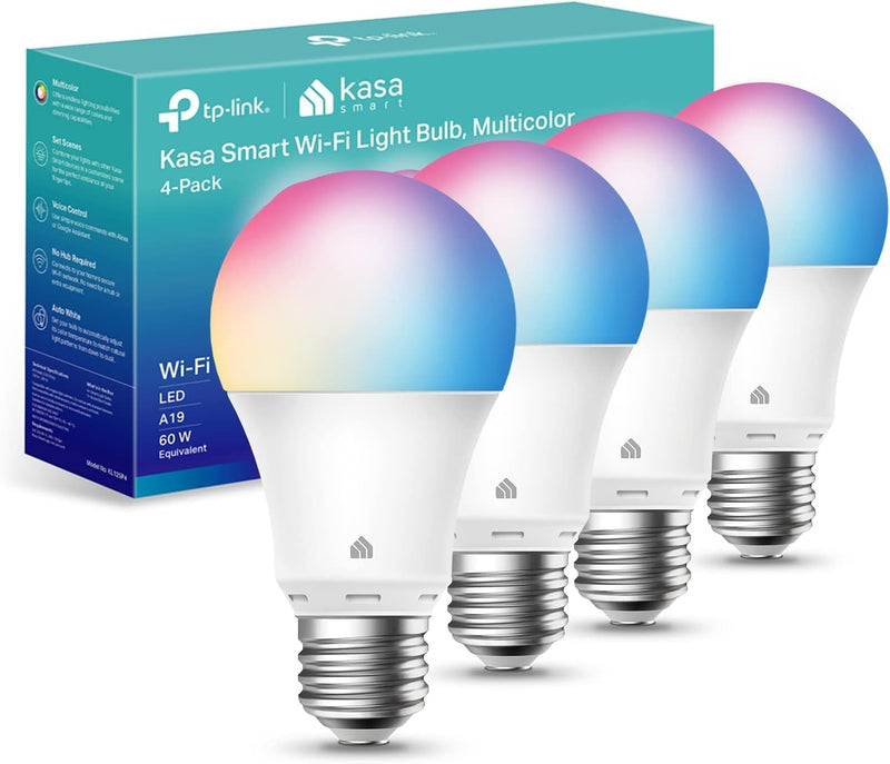 Kasa Smart Light Bulbs, Full Color Changing Dimmable Smart WiFi Bulbs Compatible with Alexa and Google Home, A19, 9W 800 Lumens,2.4Ghz only, No Hub Required, 4 Count (Pack of 1), Multicolor (KL125P4) 4 Pack 800 Lumens, 4-Pack