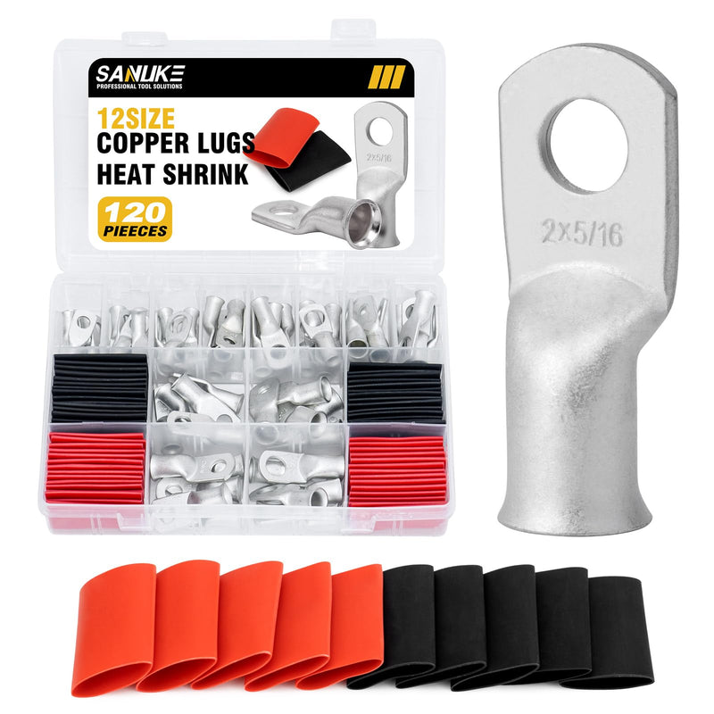 Sanuke 120pcs Tinned Copper Wire Lugs, AWG 8 6 4 2 Heavy Duty Ring Terminals, Marine-Grade Electrical Wire Connectors, 60pcs Battery Cable Ends & 3:1 Dual Wall Adhesive Heat Shrink Tubes Set 120PCS-TINNED