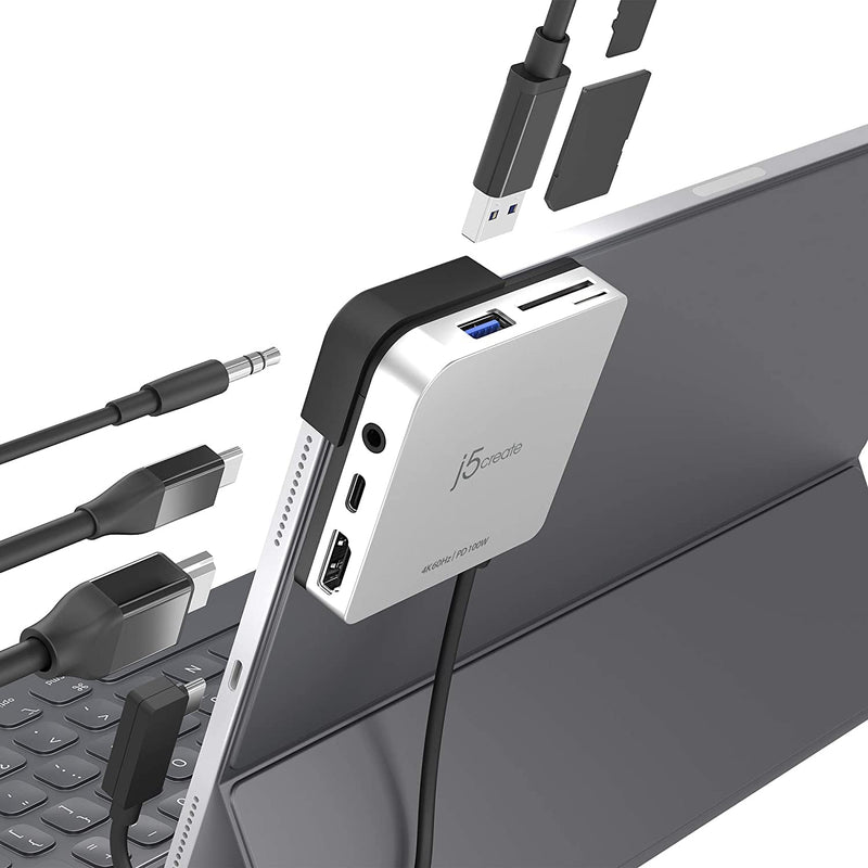 j5create iPad Pro USB C Hub- 6-in-1 Travel Dock for iPad Pro 12.9”/11” | with 4K@60Hz HDMI, USB C PD Charging 100W & Data, USB A 3.1, SD and microSD Card Reader, 3.5mm Headphone Jack (JCD612)