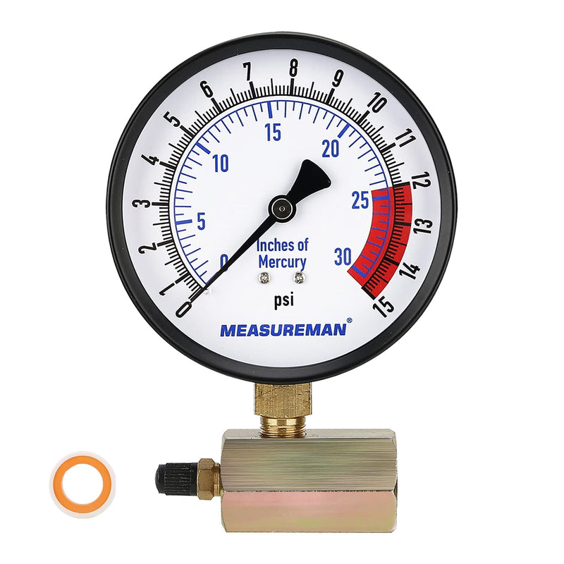 MEASUREMAN 4" Steel Gas Pressure Test Gauge Assembly, 3/4" FNPT Connection, 0-15Psi/0-30InHg, 1.6% Accuracy, 0-15Psi/0-30InH2O