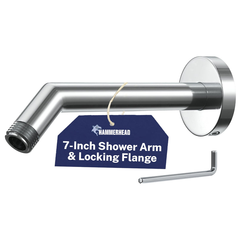 HammerHead® Solid Metal Shower Arm and Flange - 7.5 Inch 304 Stainless Steel Extension Pipe - Universal Shower Head Arm with Flange and Locking Screw, Chrome