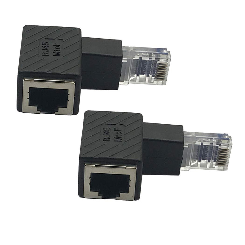 2Pack 90 Degree Down Angled Ethernet LAN RJ45 Male to Female Adapter Shielded Network Patch Connector (Black Down Angled) Black Down Angled