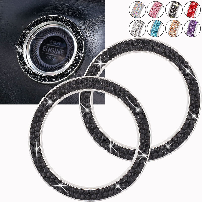 Bling Car Crystal Rhinestone Ring Emblem Sticker, Car Interior Decoration, Bling Car Accessories for Women, Push to Start Button, Key Ignition Starter & Knob Ring (Black) H-dark Black