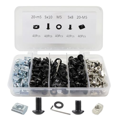 200Pcs 2020 Aluminum Extrusion M5 T Slot Nuts and Bolts Screws 20 Series Extruded Hardware Drop in T Nut Slide Nut M5x8 10mm for 20/20 80 20 2040 T V Slot Black Aluminum Profile Accessories 20 Series Type C